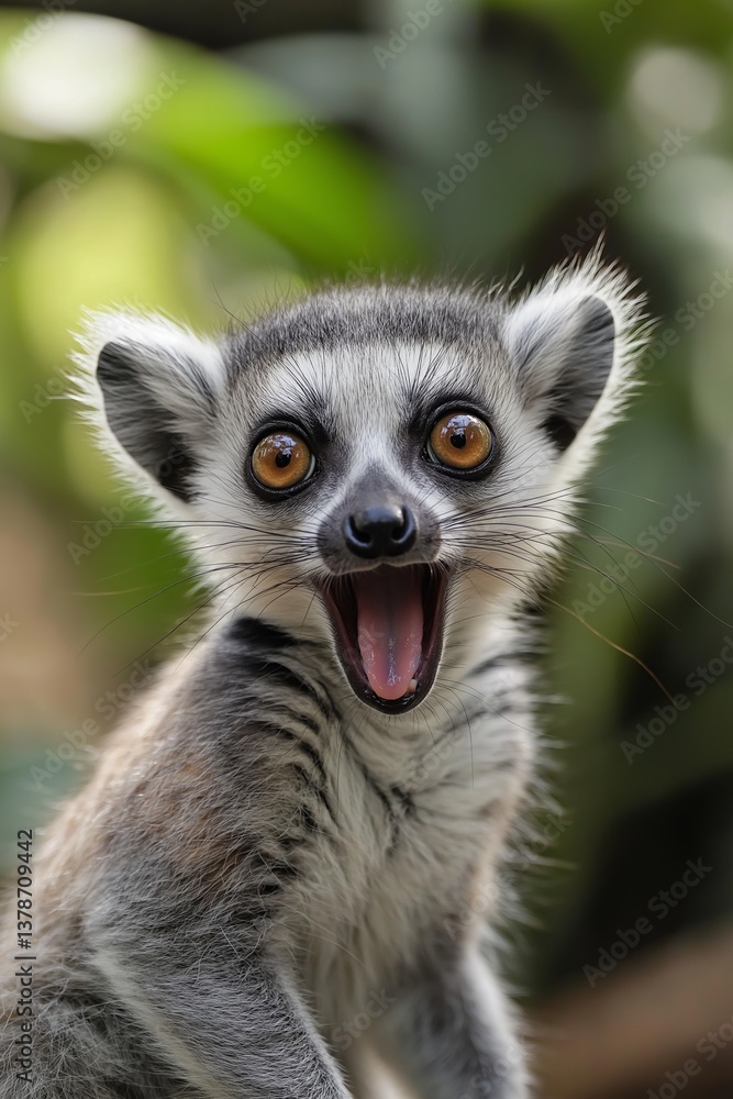 Fototapeta premium A delightful close-up of a lemur with its mouth wide open, exuding joy and curiosity in a lush environment.