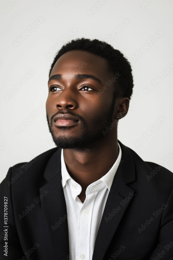 Close-up studio shot of a young African-American man with a short beard and dark skin. He is looking upward with a pensive expression. The man is wearing a white collared shirt under a dark jacket. Close-up studio shot of a young African-American man with a short beard and dark skin. He is looking upward with a pensive expression. The man is wearing a white collared shirt under a dark jacket.