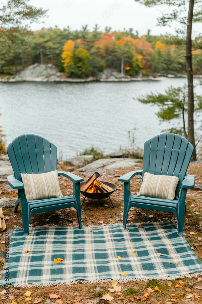 Fototapeta premium Cozy lakeside autumn retreat with adirondack chairs and fire pit