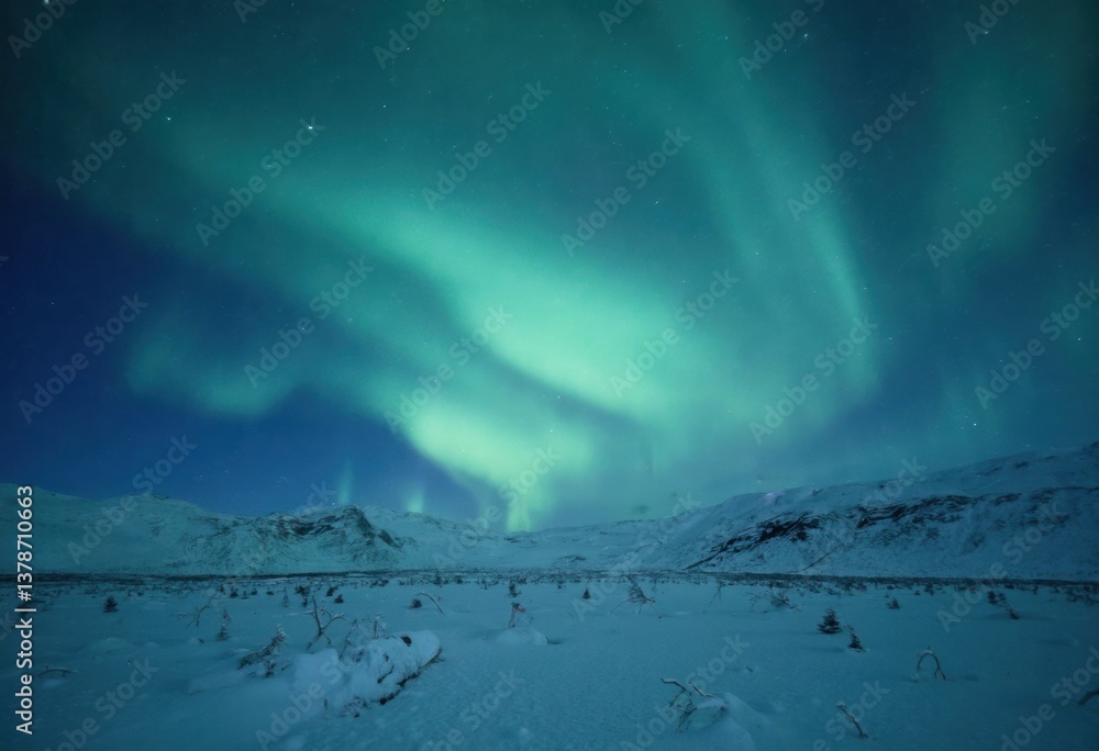 Naklejka premium Northern Lights in a Mountainous Winter Landscape
