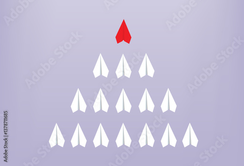 Be a leader. Individuality concept. Red paper plane flies to the side .Vector illustration
