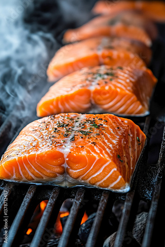 Grilled salmon fillets with herbs and spices on a smoky barbecue grill