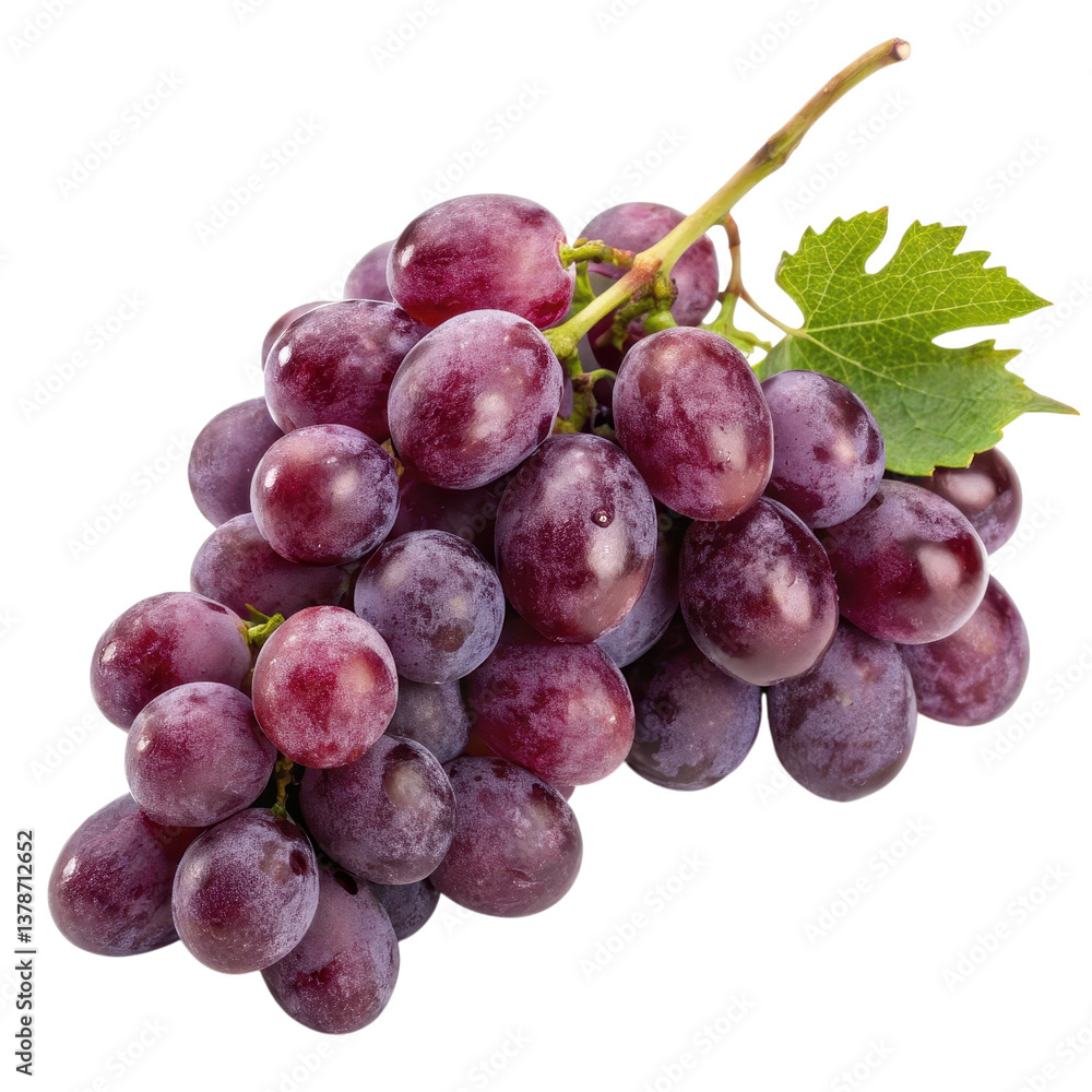 A bunch of plump, dark purple grapes clustered together, showcasing their glossy texture and green leaf. A bunch of plump, dark purple grapes clustered together, showcasing their glossy texture and green leaf.