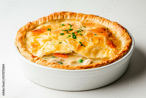 Golden flaky chicken pot pie with vegetables in white dish
