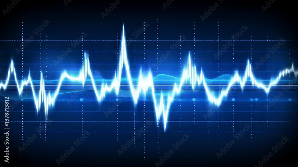 Abstract representation of a digital sound wave with blue tones and grid background, symbolizing audio technology Abstract representation of a digital sound wave with blue tones and grid background, symbolizing audio technology