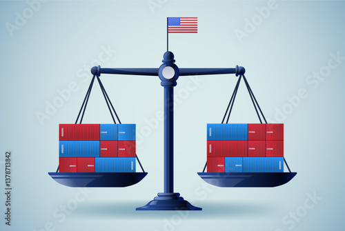 Scales with shipping containers balance trade concept with American flag blue background economic theme