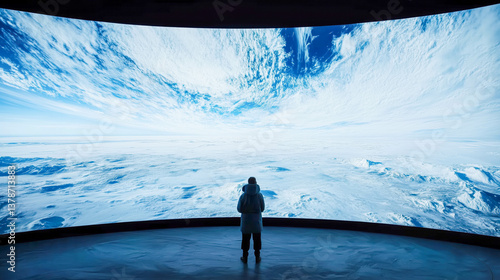 Person viewing expansive arctic landscape on curved screen