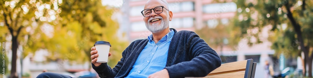Fototapeta premium Elderly caucasian male enjoying coffee on park bench in autumn