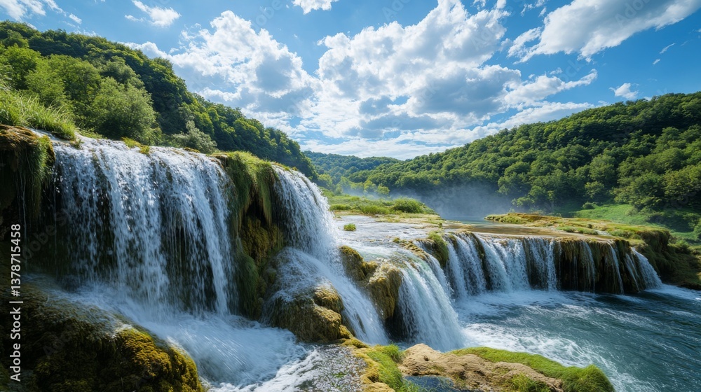Fototapeta premium Serene waterfall in lush forest under a sunny sky