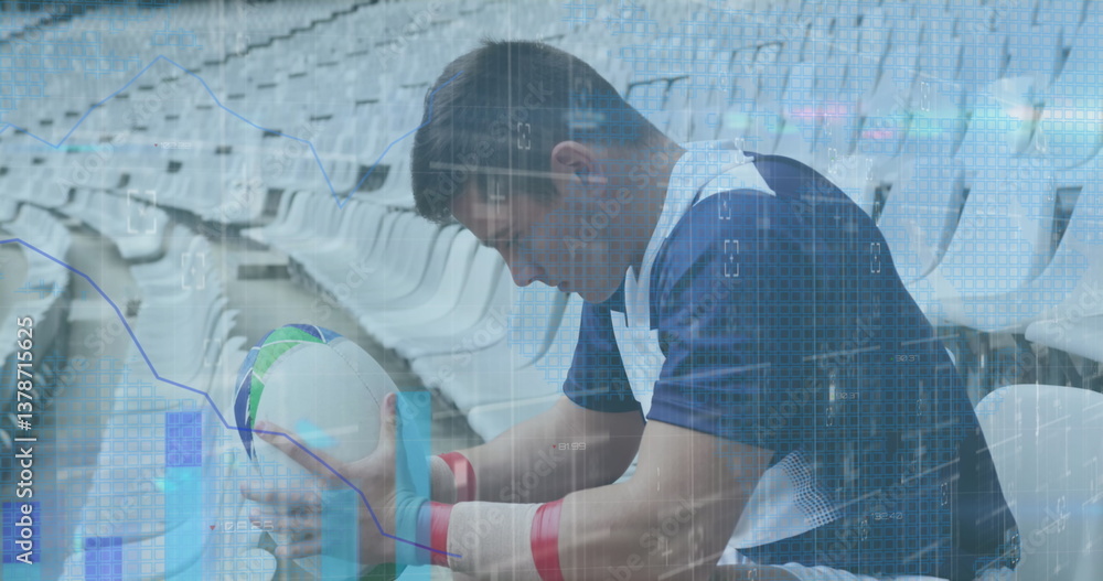 Image of statistics and data processing over rugby player in sports stadium Image of statistics and data processing over rugby player in sports stadium