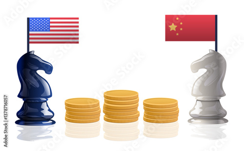 Trade war chess pieces flags coins. Concept of economic conflict depicted by knight chess pieces with country flags and gold coins on reflective surface