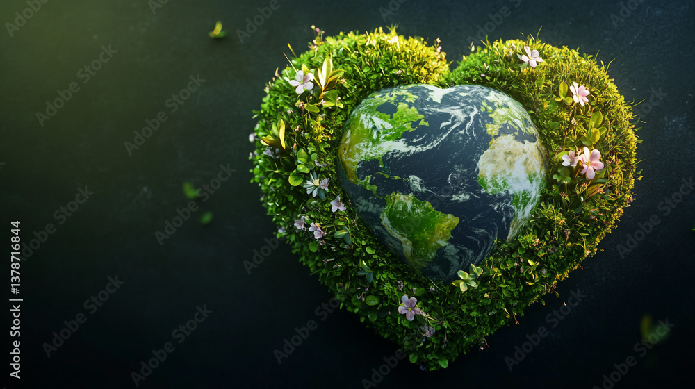 Fototapeta premium Earth Day Heart-Shaped Planet Surrounded by Lush Green Foliage and Delicate Flowers