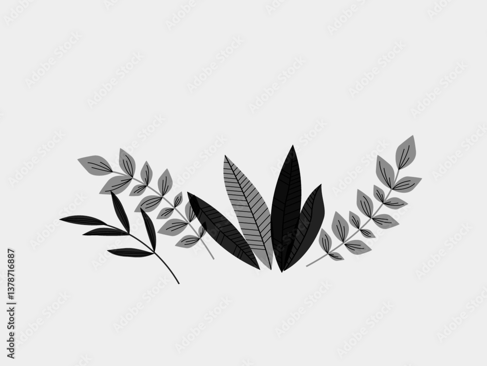 The white background in the image is an illustration of Black-gray leaves arranged in a row. There are short, long, and oval leaves used as illustrations in various art works The white background in the image is an illustration of Black-gray leaves arranged in a row. There are short, long, and oval leaves used as illustrations in various art works