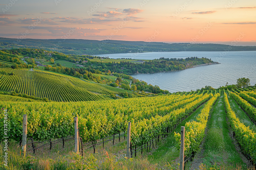 Fototapeta premium A serene depiction of Keuka Lake, highlighting its beautiful shoreline and surrounding vineyards