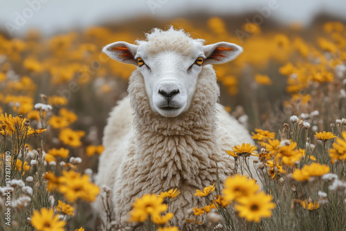 A sheep in a spring meadow,...
