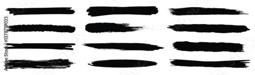 Brush line set. Vector calligraphy paint strokes. Vintage Chinese brushstrokes collection. Straight long hand drawn stripes background. Abstract black ink grungy lines, borders, emphasis underlines