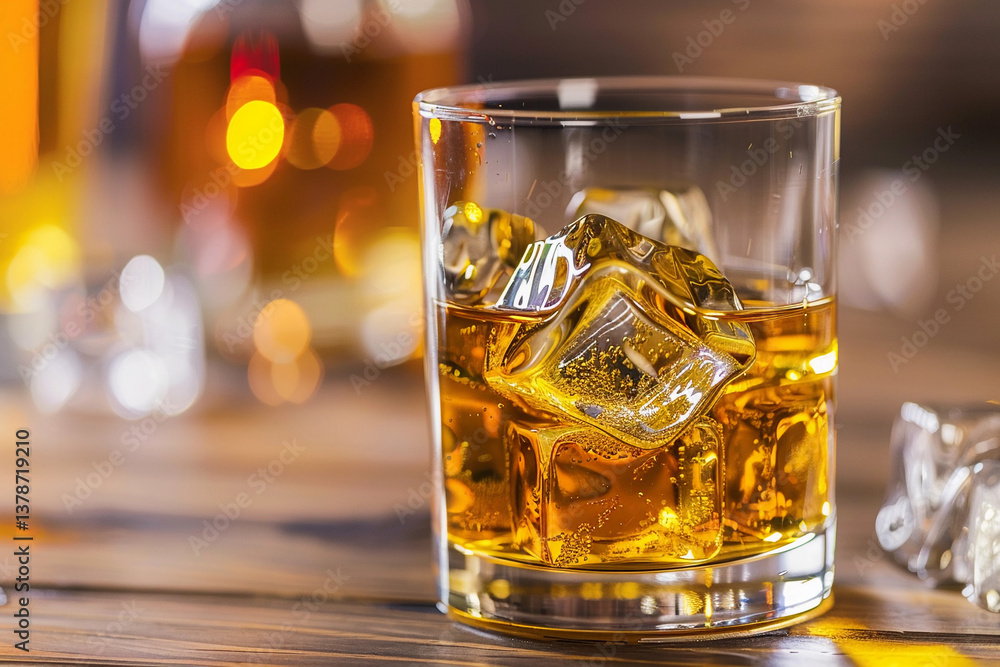 Rich amber whiskey on the rocks served in a clear glass beside blurred bar background Rich amber whiskey on the rocks served in a clear glass beside blurred bar background