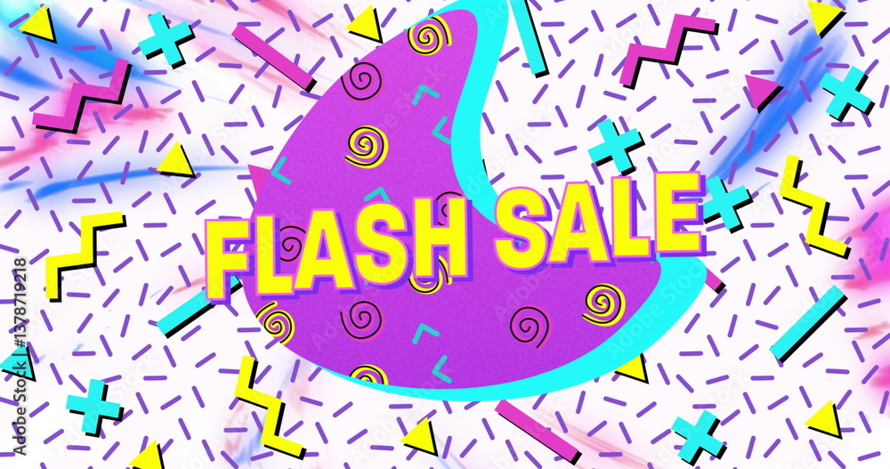 Obraz premium Flash sale text on purple banner against abstract colorful shapes on white background
