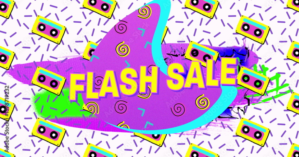 Image of flash sale text in yellow letters over brightly coloured retro cassettes pattern Image of flash sale text in yellow letters over brightly coloured retro cassettes pattern