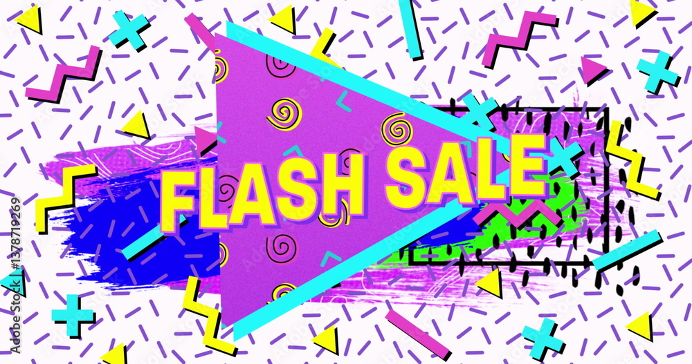 Obraz premium Flash sale text on purple banner against abstract colorful shapes on white background