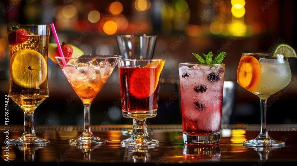 A bar counter with an assortment of alcoholic beverages and glasses. A bar counter with an assortment of alcoholic beverages and glasses.