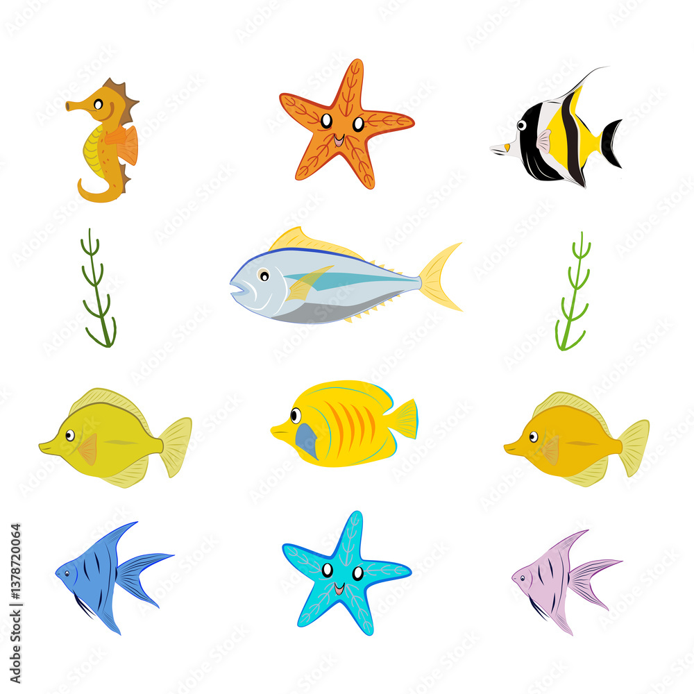 Fototapeta premium Hand drawn marine life elements set. Vector cartoon marine animals set.