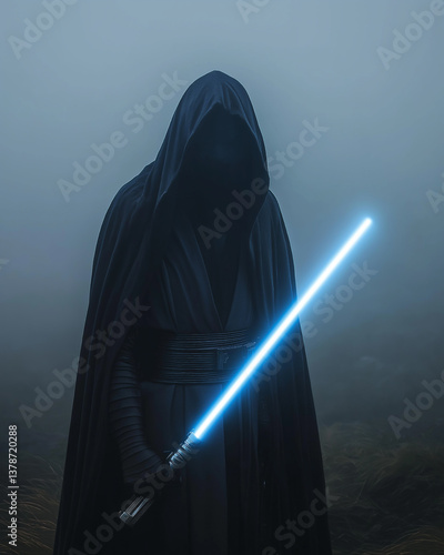 Illustration of a Star Wars fan in a realistic Jedi costume, holding a glowing blue lightsaber in a foggy