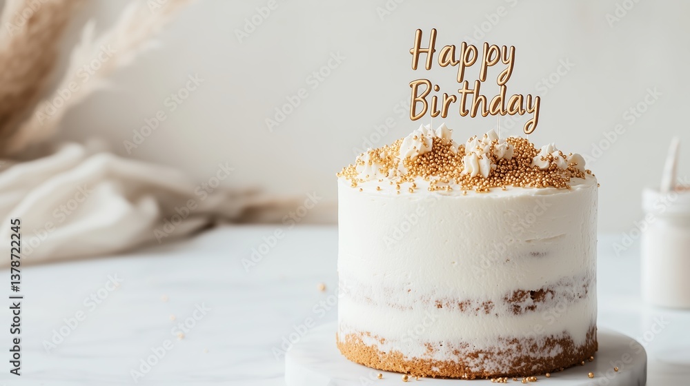 Fototapeta premium Beautiful birthday cake with golden decorations and a joyful greeting for a special celebration