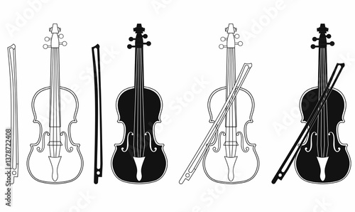 Outline silhouette of a violin with bow, featuring elegant curves and fine strings. Perfect for music-themed designs, logos, and artistic compositions