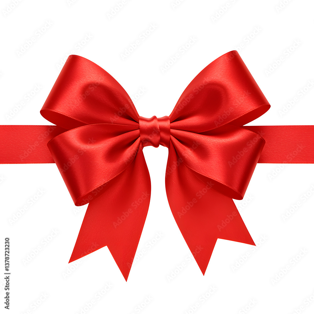 Fototapeta premium Red Satin Bow Gift Ribbon - Festive Decoration with Shiny Fabric and Symmetrical Design