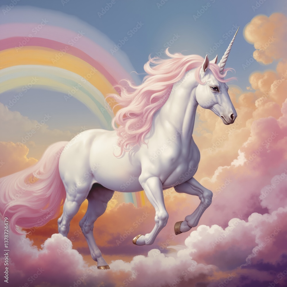Fototapeta premium Majestic unicorn with pink mane running among pastel clouds under a rainbow for fairy tale book illustration, fantasy concept and decoration