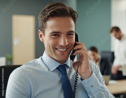 a smiling man using a mobile phone while being at the office
