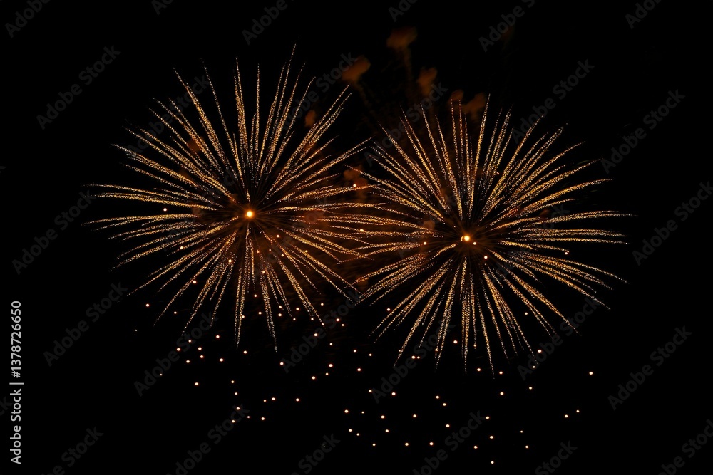 Golden fireworks in the dark sky with festive bokeh. New year celebration concept Golden fireworks in the dark sky with festive bokeh. New year celebration concept