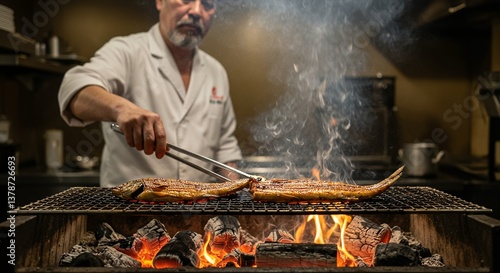 Chef grilling eel fish over open fire for a delicious meal