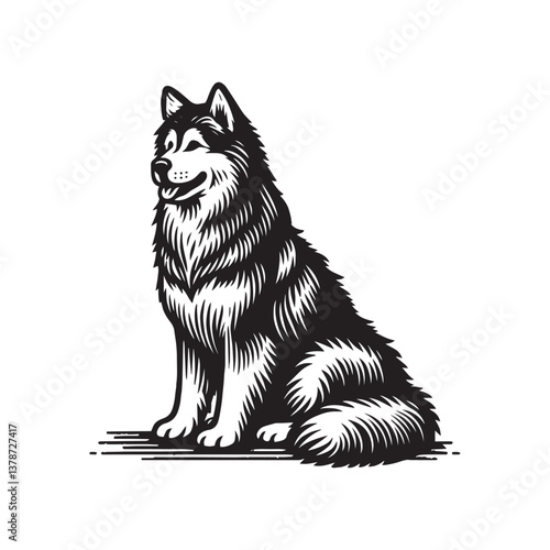 Simple Alaskan Malamute Sitting Vector Icon – Vintage Logo & Retro Illustration