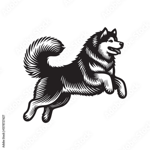Simple Alaskan Malamute Jumping Vector Icon – Vintage Logo & Retro Illustration
