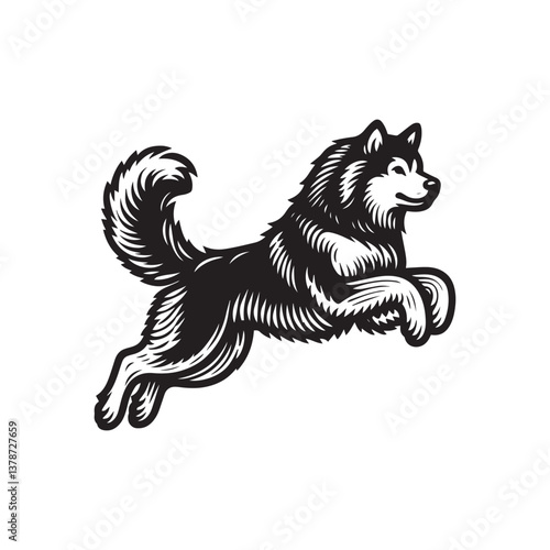 Simple Alaskan Malamute Jumping Vector Icon – Vintage Logo & Retro Illustration