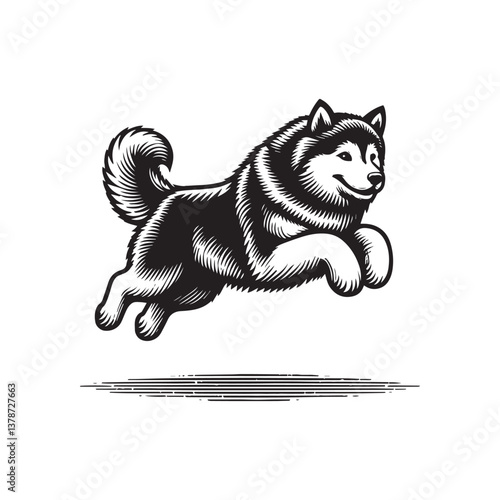 Simple Alaskan Malamute Jumping Vector Icon – Vintage Logo & Retro Illustration