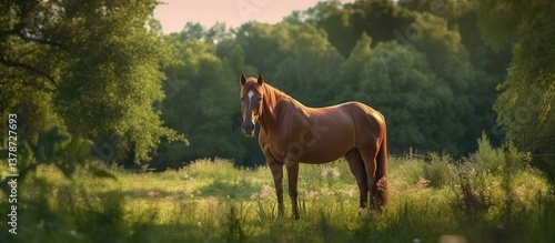 A beautiful chestnut horse stands in a lush grassy meadow, Generative AI