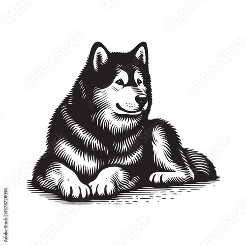 Simple Alaskan Malamute Lying Down Vector Icon – Vintage Logo & Retro Illustration
