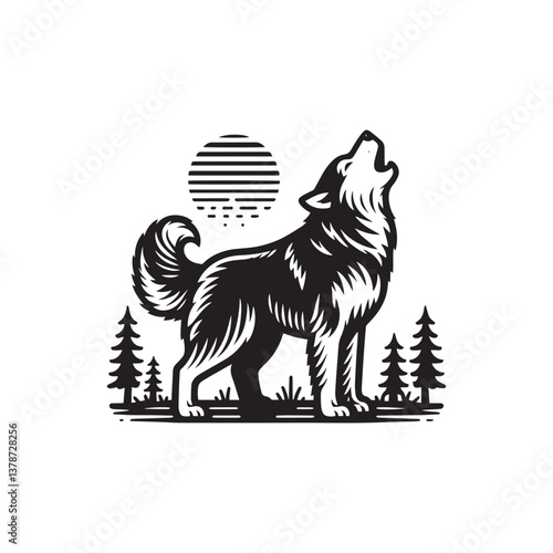 Simple Alaskan Malamute Roaring Vector Icon – Vintage Logo & Retro Illustration