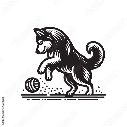 Simple Alaskan Malamute Playing Vector Icon – Vintage Logo & Retro Illustration