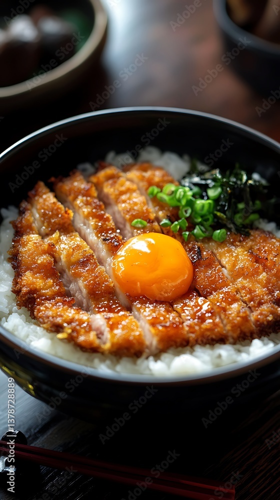 Bowl of Crispy Tonkatsu with Rice, Egg Yolk, Seaweed and Scallions Topping Bowl of Crispy Tonkatsu with Rice, Egg Yolk, Seaweed and Scallions Topping