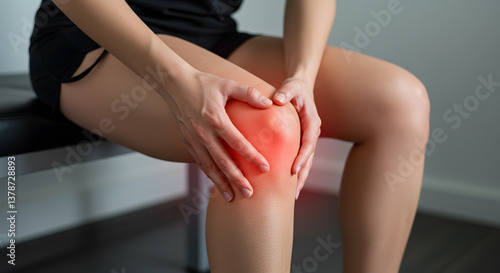 Wallpaper Mural Woman Holding Painful Knee, Red Highlight, Close-up Torontodigital.ca