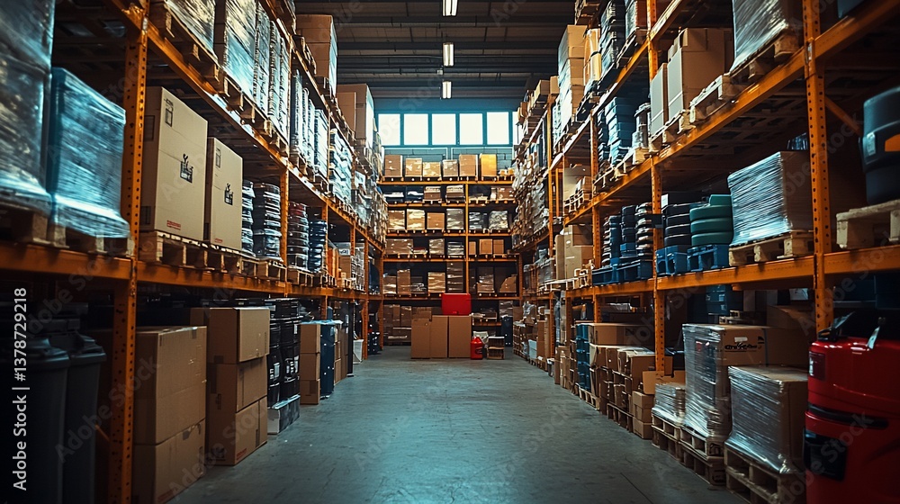 Warehouse interior with packed boxes on shelves, lit by a window in the background Warehouse interior with packed boxes on shelves, lit by a window in the background