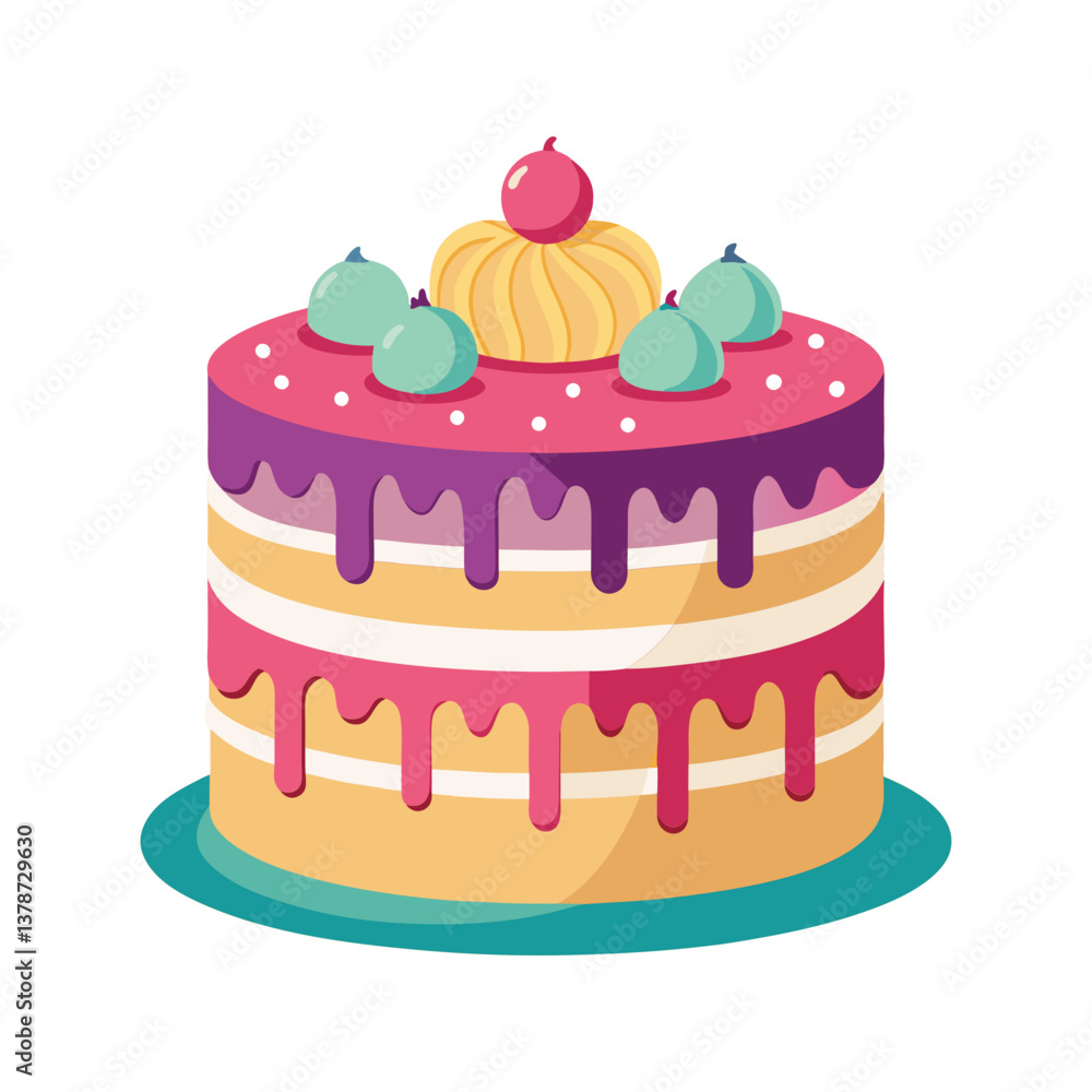 Vibrant cake with polka dot decorations and candy toppings Vector illustration isolated on white background Vibrant cake with polka dot decorations and candy toppings Vector illustration isolated on white background