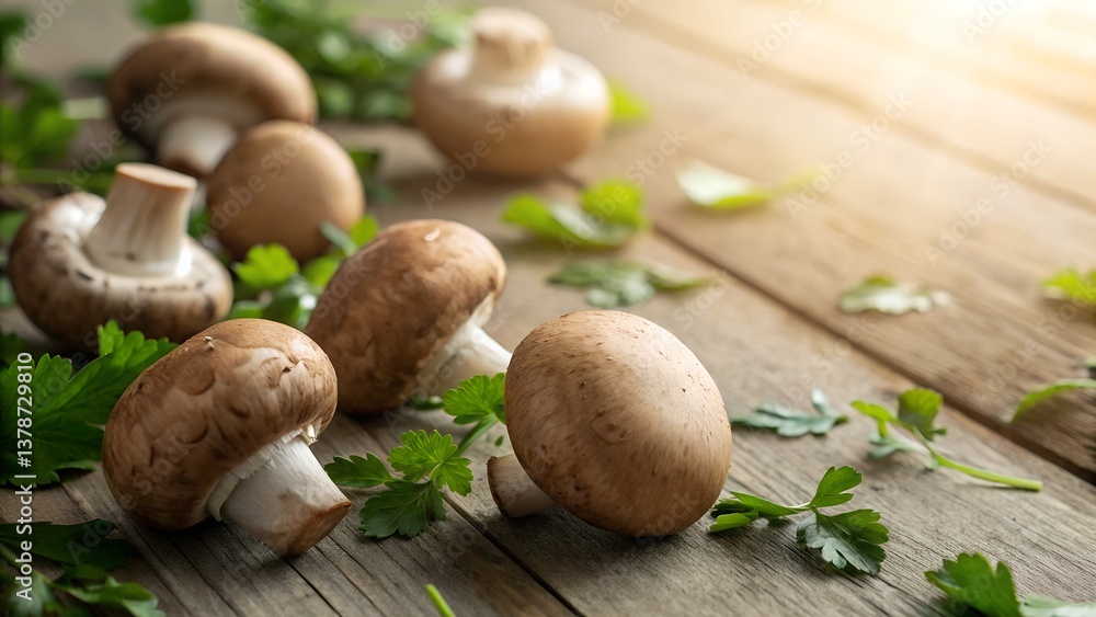 Freshly harvested earthy toned Portobello mushrooms scattered on rustic wooden table amidst scattered green leafy herbs and faint sunlight. Freshly harvested earthy toned Portobello mushrooms scattered on rustic wooden table amidst scattered green leafy herbs and faint sunlight.