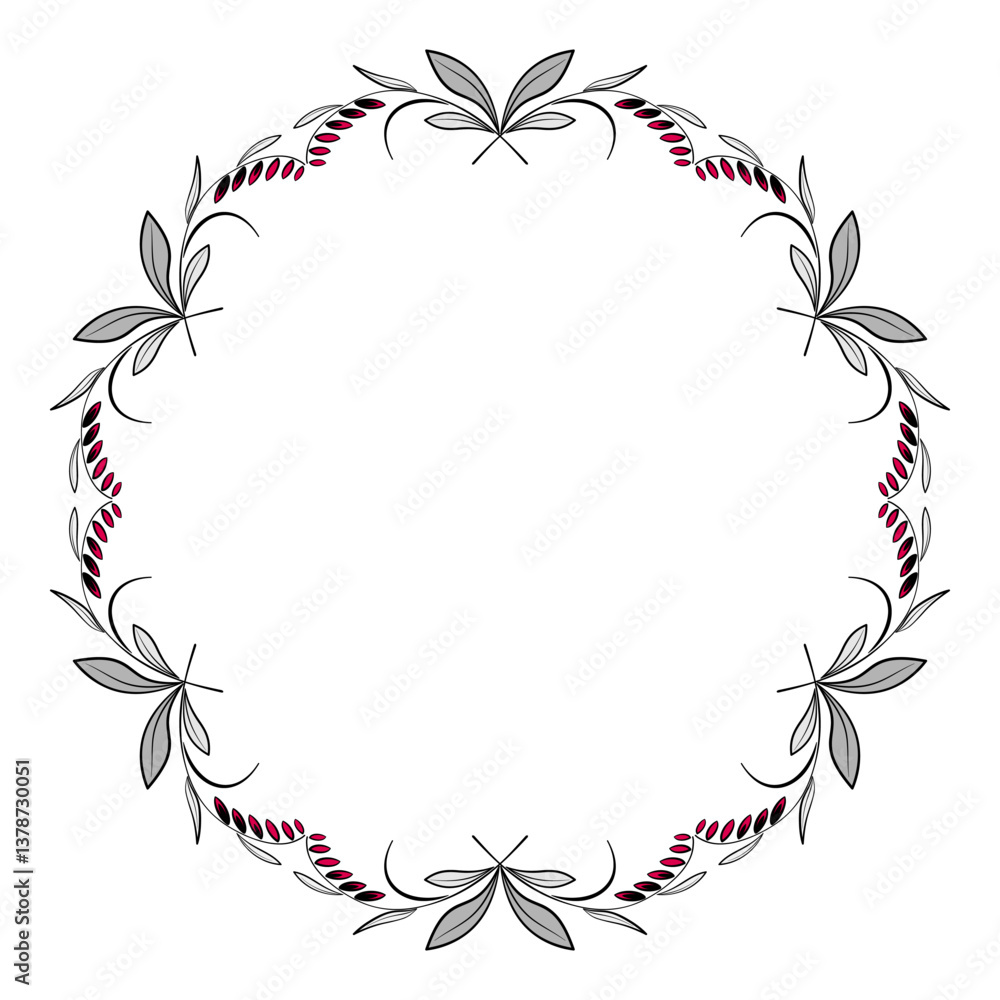 Obraz premium Round floral frame of curved leaves and flowers in modern style. Gray red plant wreath on white background. Delicate spring mandala ornament of flowers.