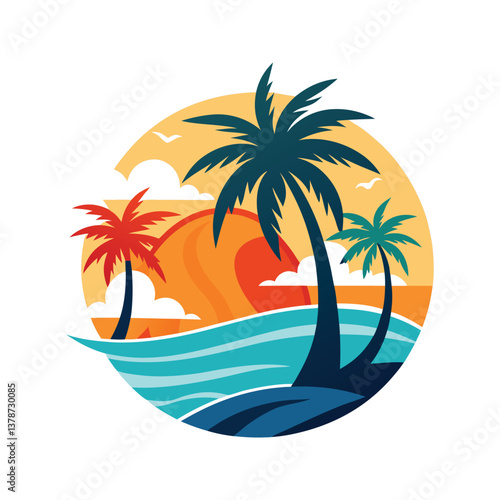 Wallpaper Mural Vibrant tropical beach design with palm trees and waves vector illustration isolated on white background Torontodigital.ca
