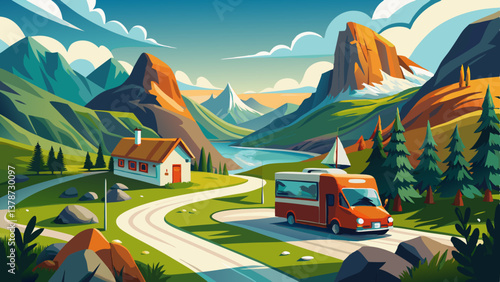 Car with caravan on narrow road through Norwegian scenic road